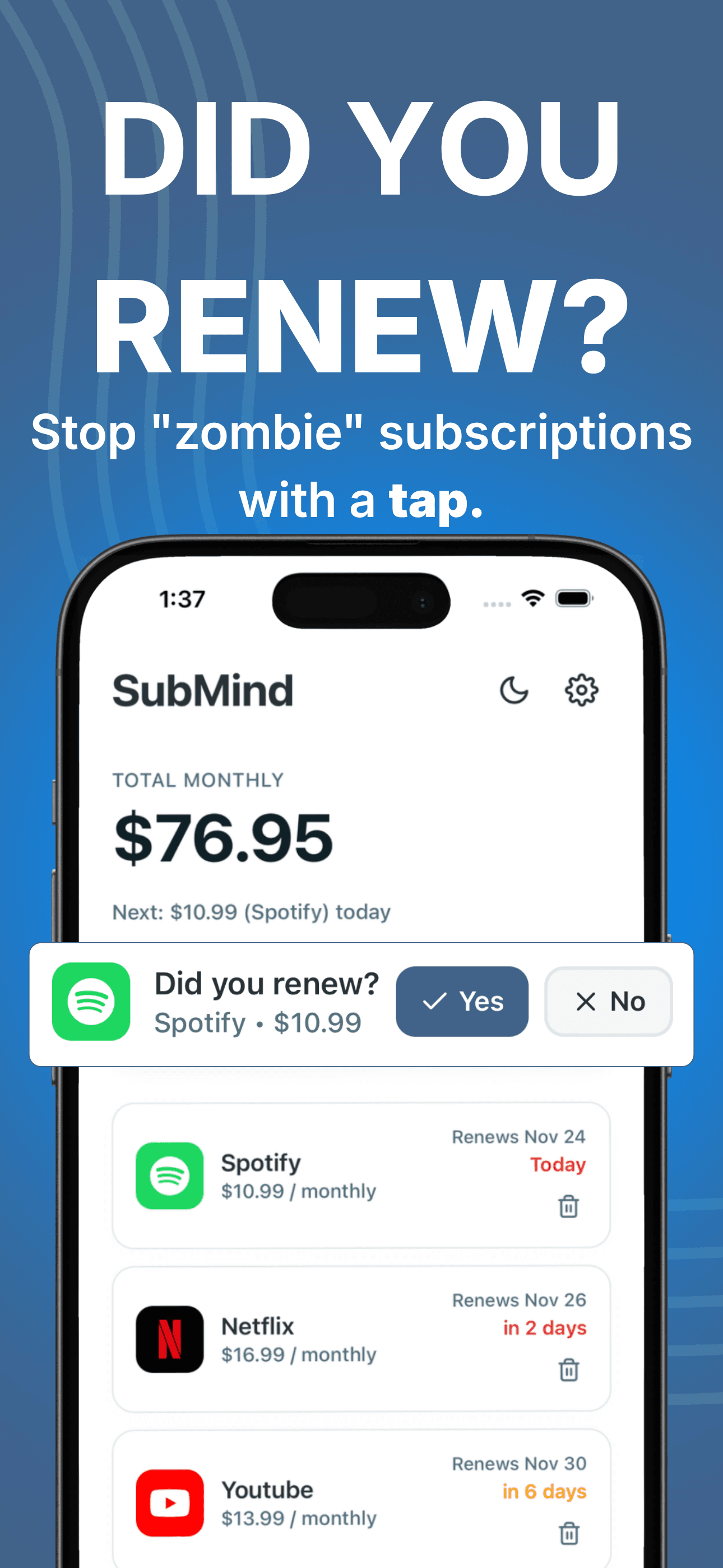 SubMind mobile UI